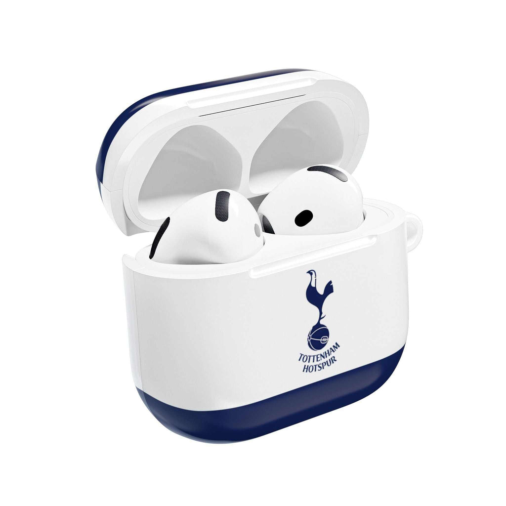 Tottenham FC AirPods protective case in white and navy with cockerel crest, shock-resistant and wireless charging compatible