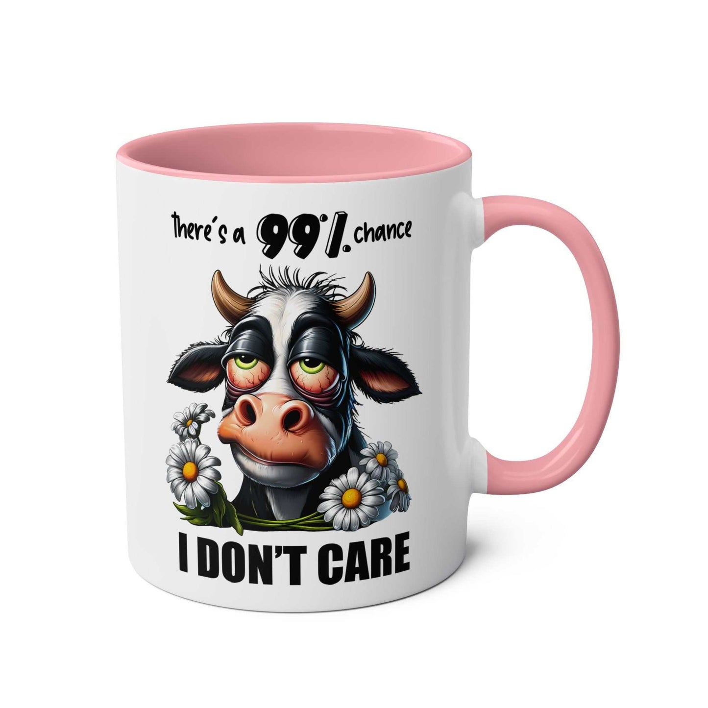 Sarky cow design I Don't Care coffee mug with pink handle and interior.