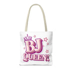 BJ Queen Tote Bag with cheeky design, durable spun polyester, multiple sizes and handle color options