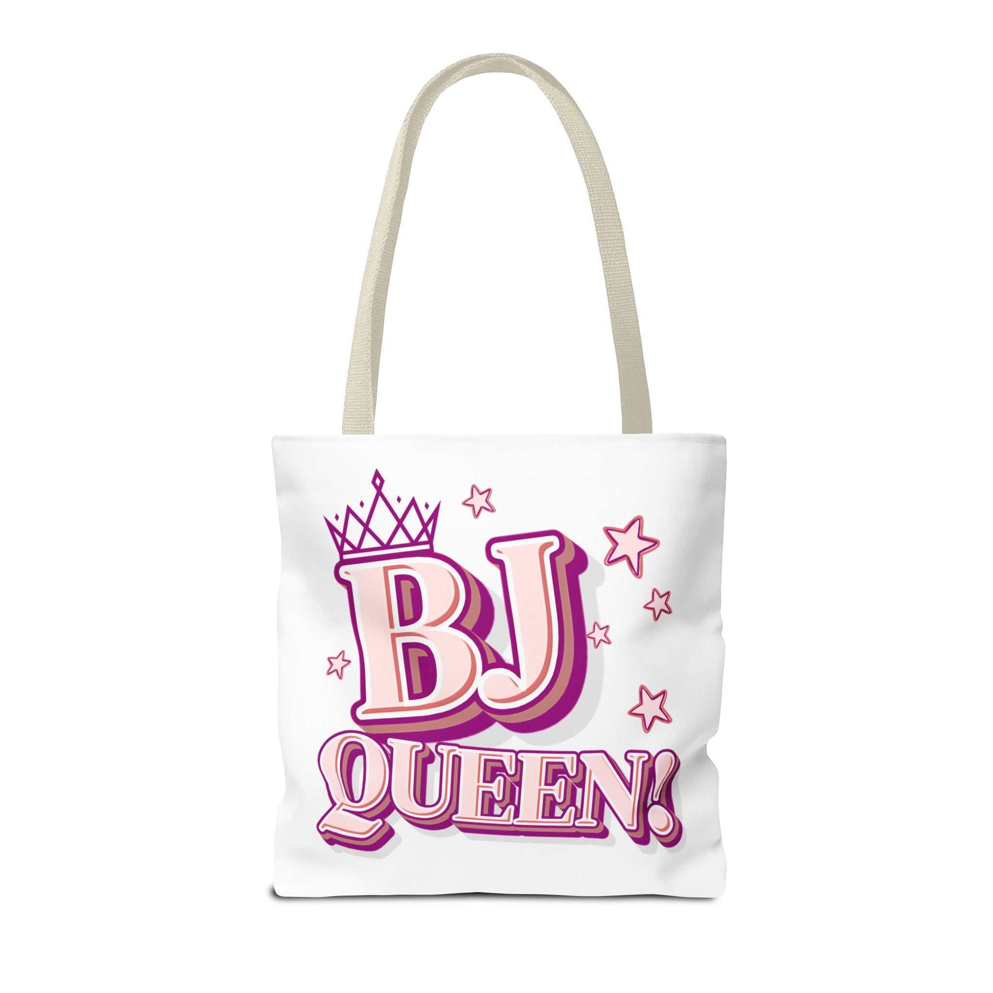 BJ Queen Tote Bag with cheeky design, durable spun polyester, multiple sizes and handle color options