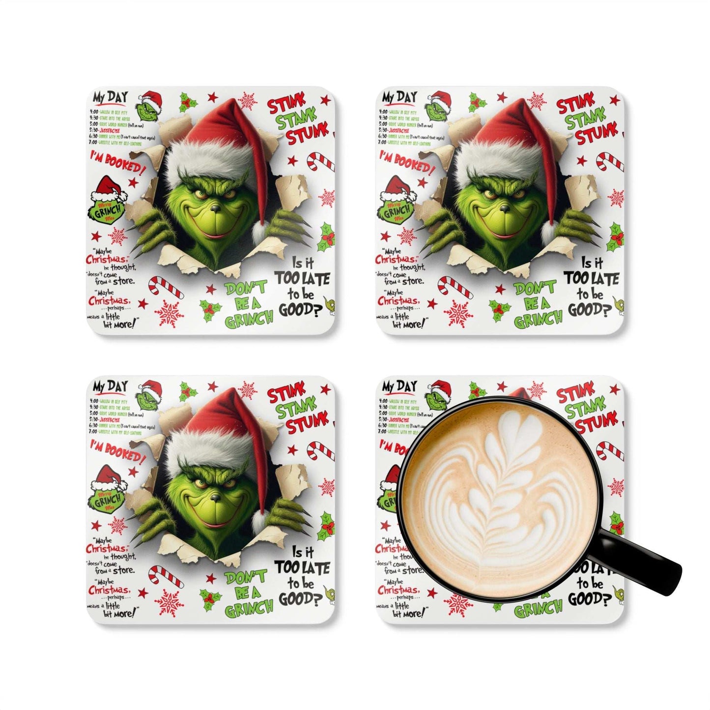 Grinchmas Fun Coaster Set featuring iconic Grinch design, perfect for holiday decor and protecting furniture.