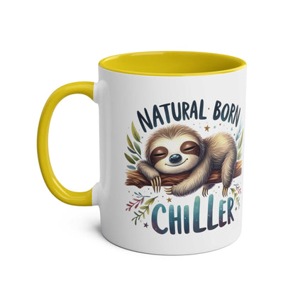 Cute sloth coffee mug with "Natural Born Chiller" print and yellow interior.