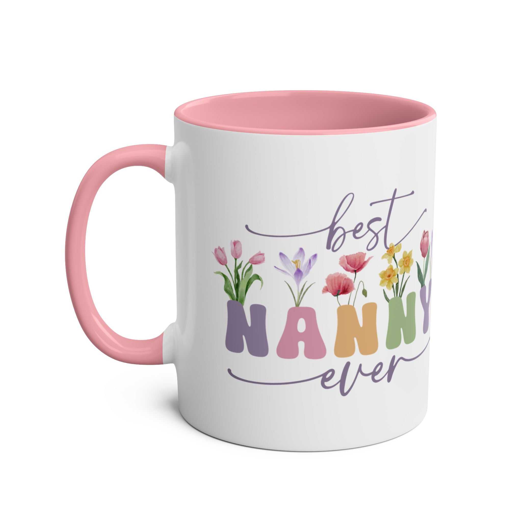 Best Nanny Ever Mother's Day gift mug with floral design and pink interior.