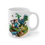 White ceramic mug featuring a Minecraft Lego inspired design with blocky characters, a dinosaur, and a campfire scene.