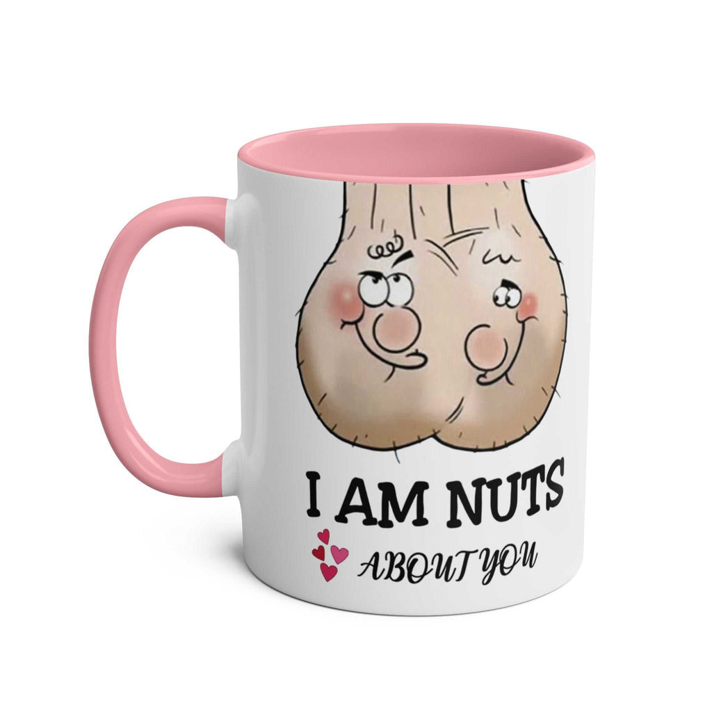 "I Am Nuts About You" ceramic mug with pink handle and inside, cheeky cartoon design, dishwasher safe, 11oz capacity