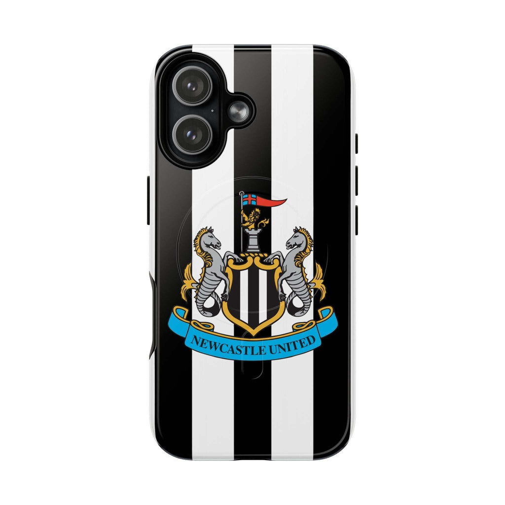 Newcastle United MagSafe iPhone case with black and white stripes and official-inspired crest, durable dual-layer protection, and wireless charging compatible