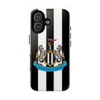 Newcastle United MagSafe iPhone case with black and white stripes and official-inspired crest, durable dual-layer protection, and wireless charging compatible