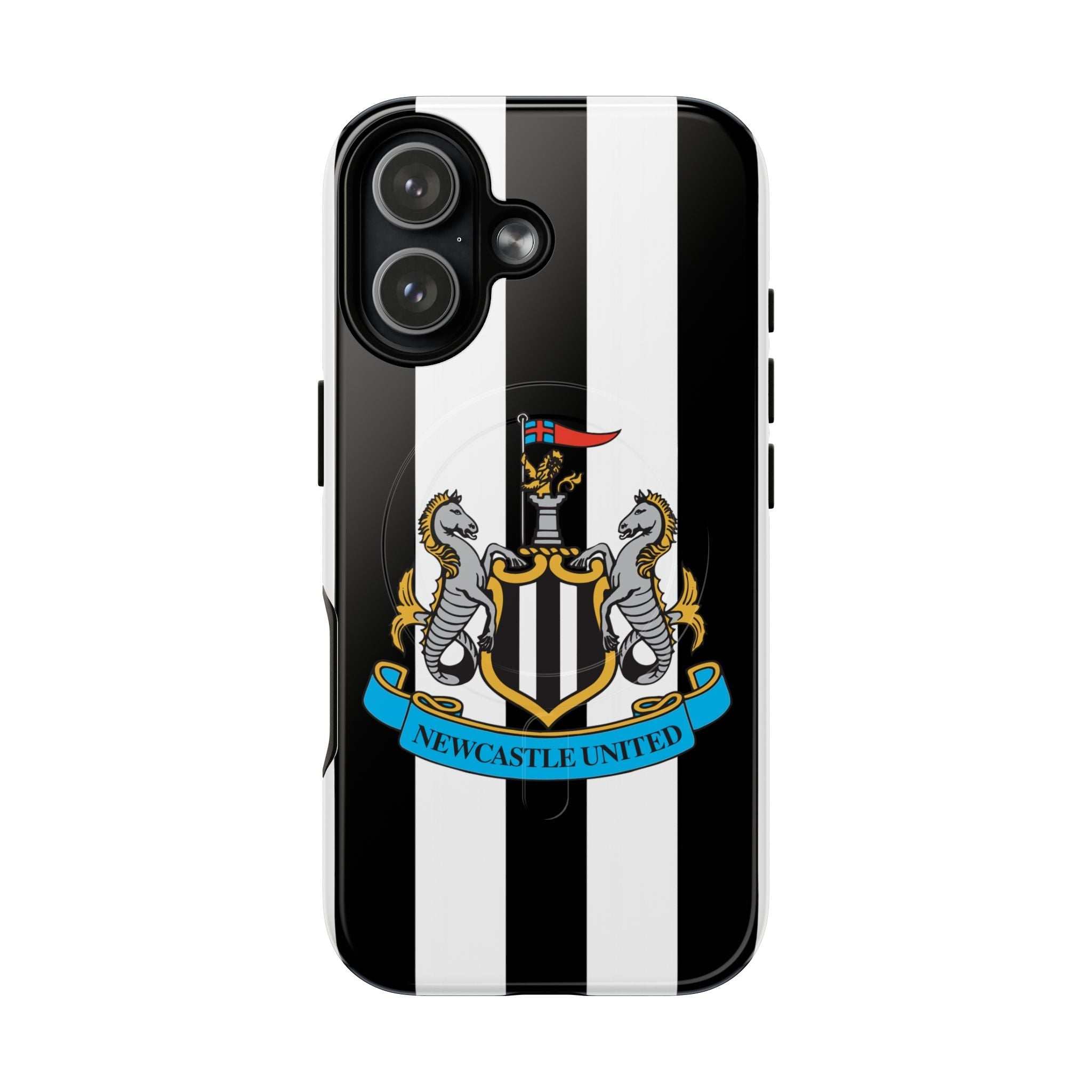Newcastle United MagSafe iPhone case with black and white stripes and official-inspired crest, durable dual-layer protection, and wireless charging compatible