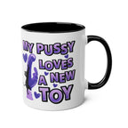 Cheeky Fun Coffee Mug with playful purple text and black cat design, black handle and inner rim, 11oz ceramic mug