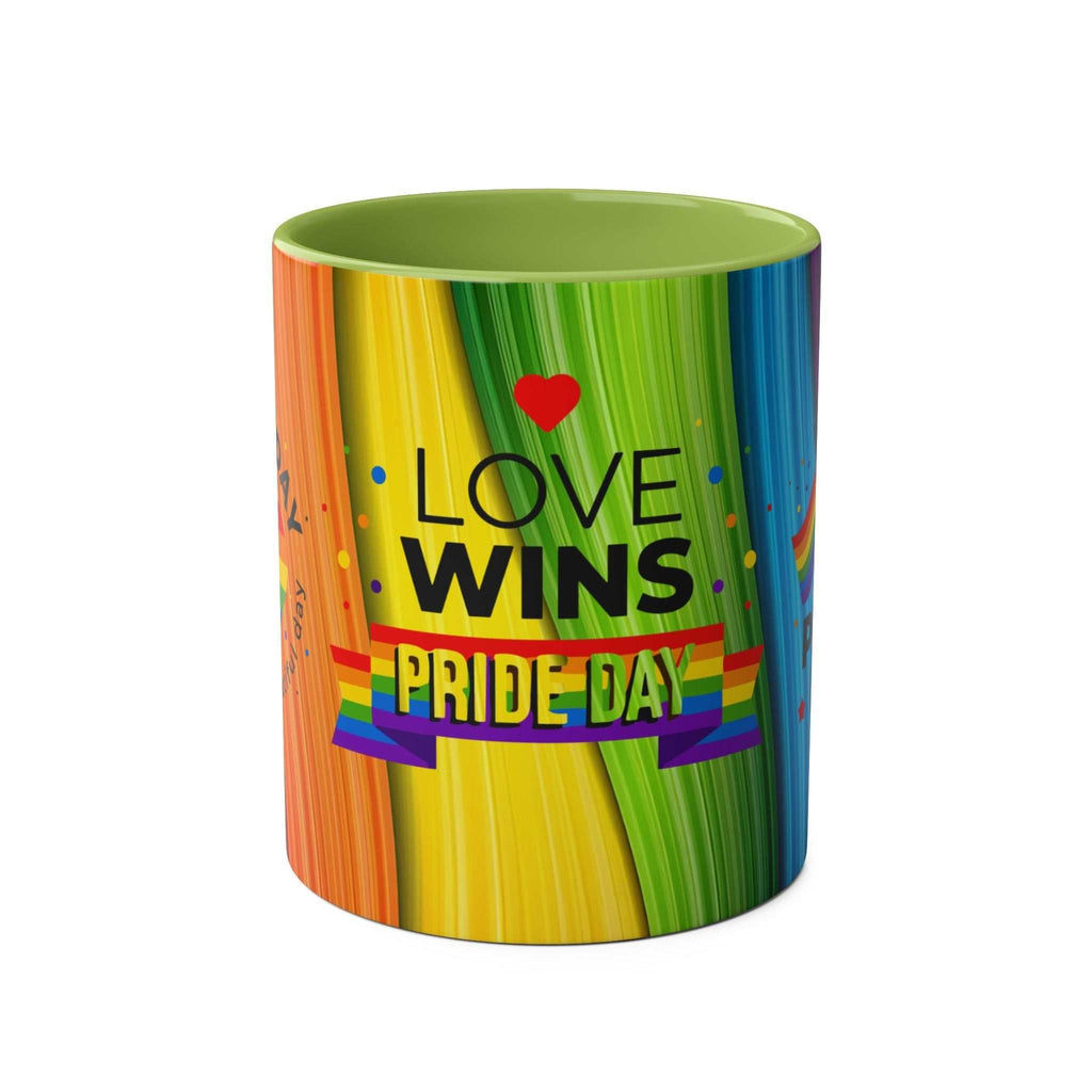 Vibrant rainbow LGBTQ+ Pride mug with "Love Wins" text, ceramic, 11oz, dishwasher safe.