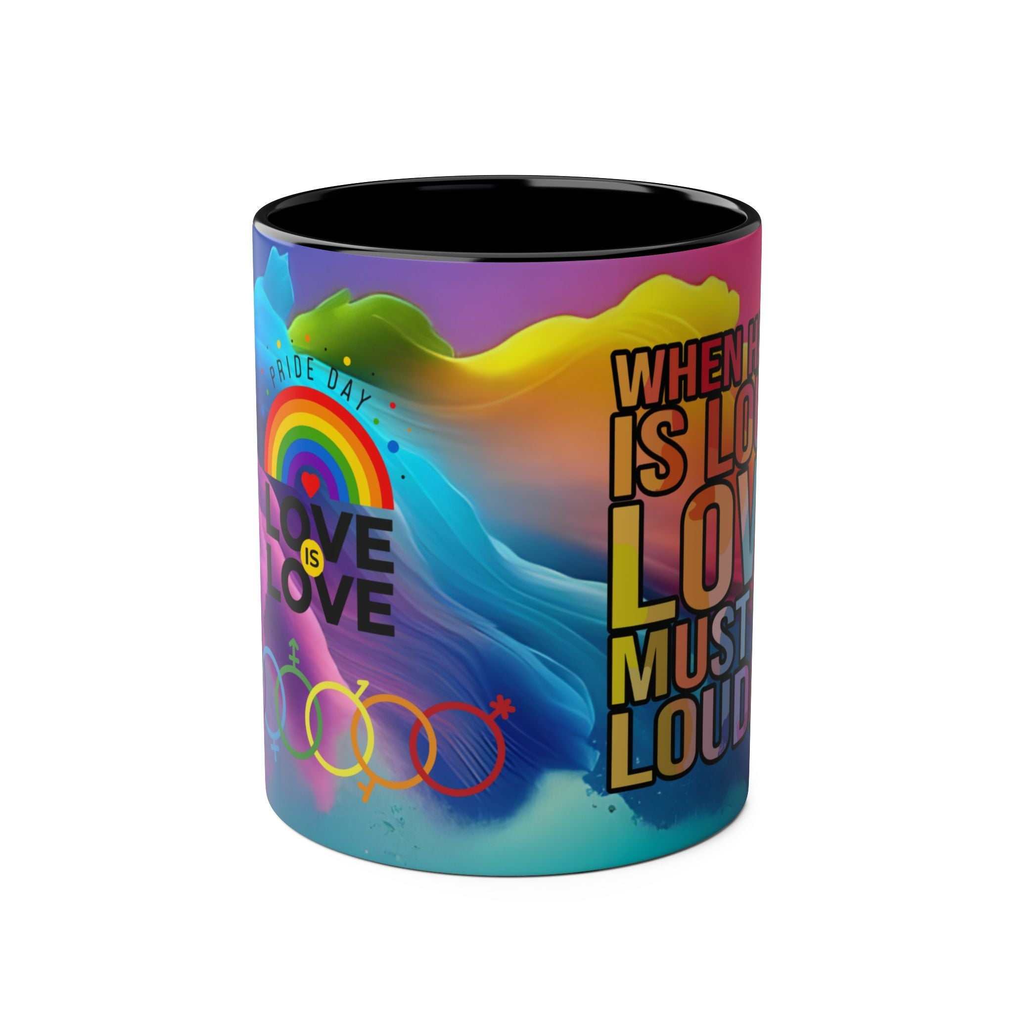 LGBTQ+ Pride Mug with vibrant rainbow design, ceramic, glossy finish, 11oz, microwave and dishwasher safe.