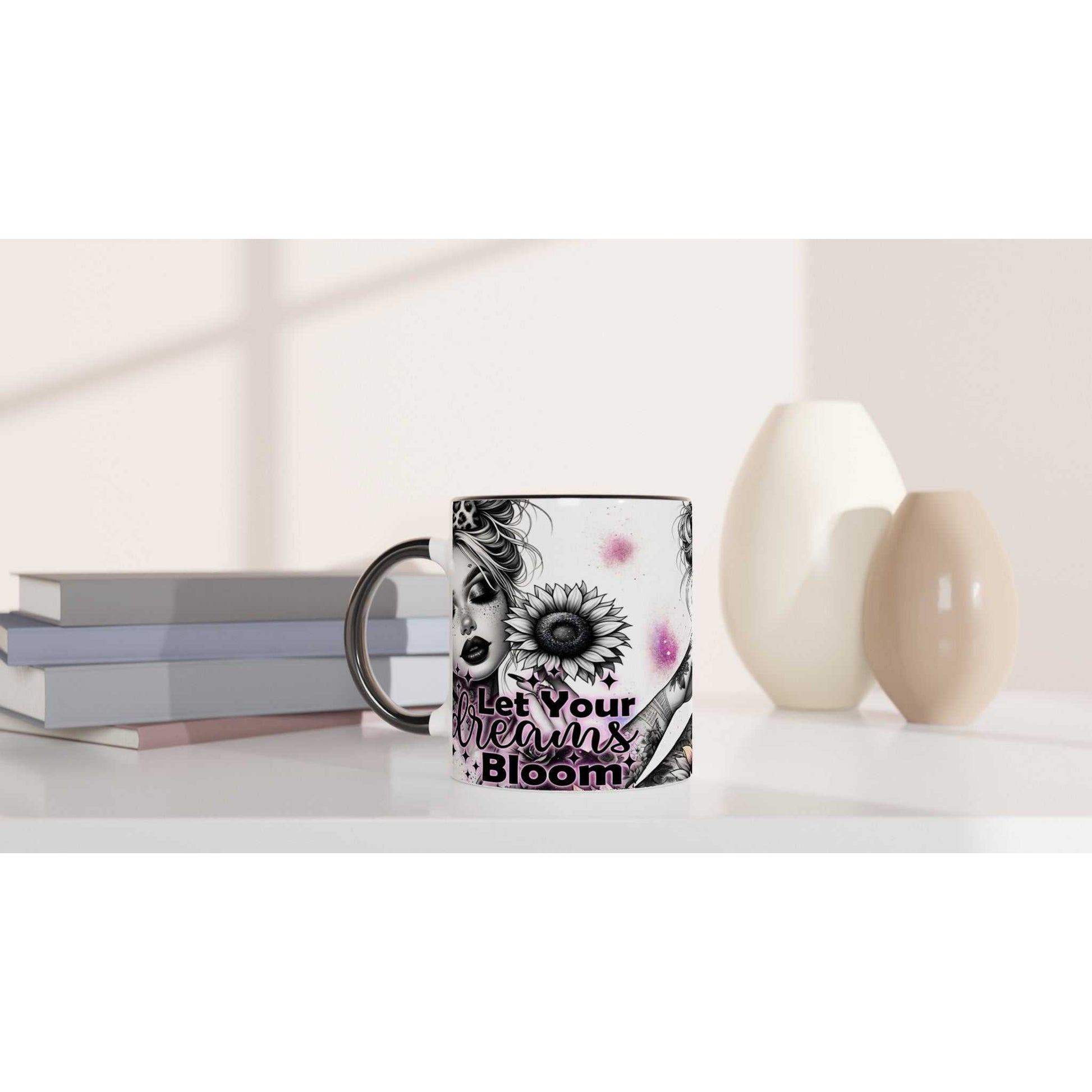 Let Your Dreams Bloom motivational coffee mug with colorful ceramic design, glossy finish, and inspirational quote.