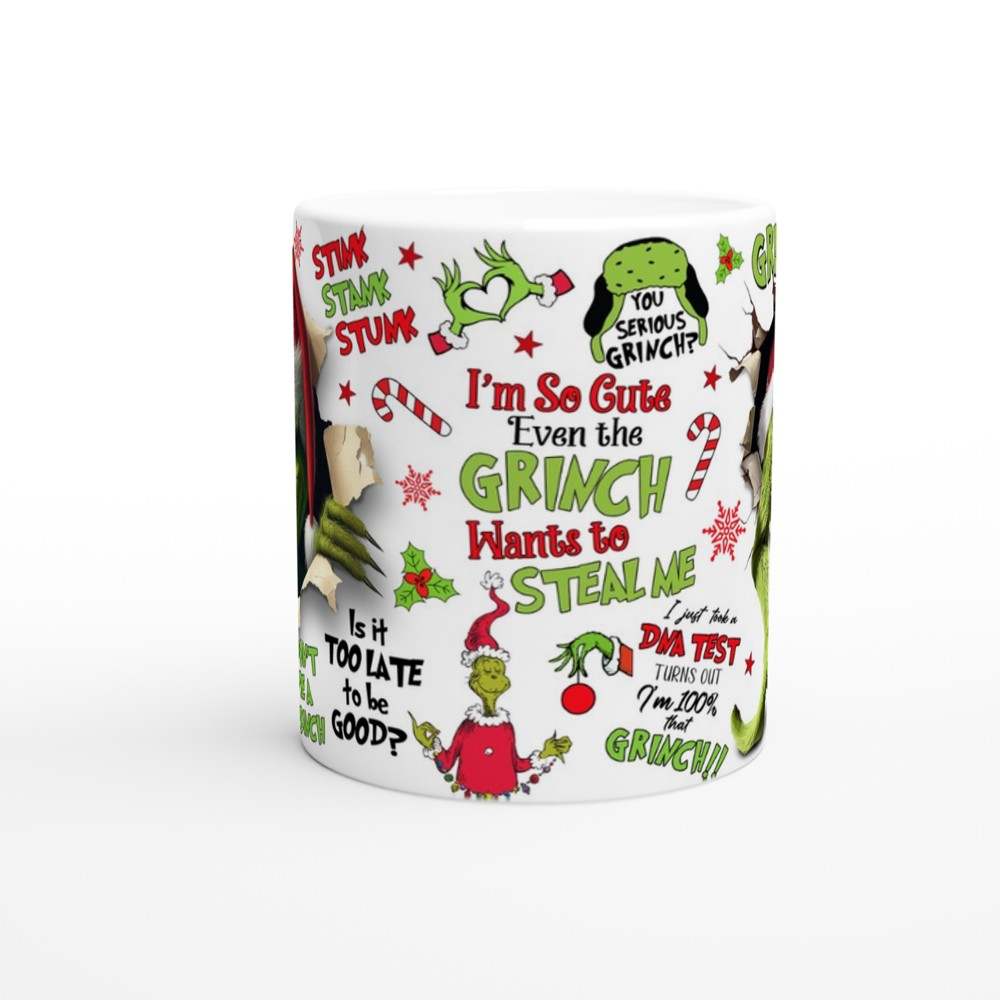 Grinchmas Christmas Mug with whimsical festive design, 11oz ceramic, microwave and dishwasher safe.