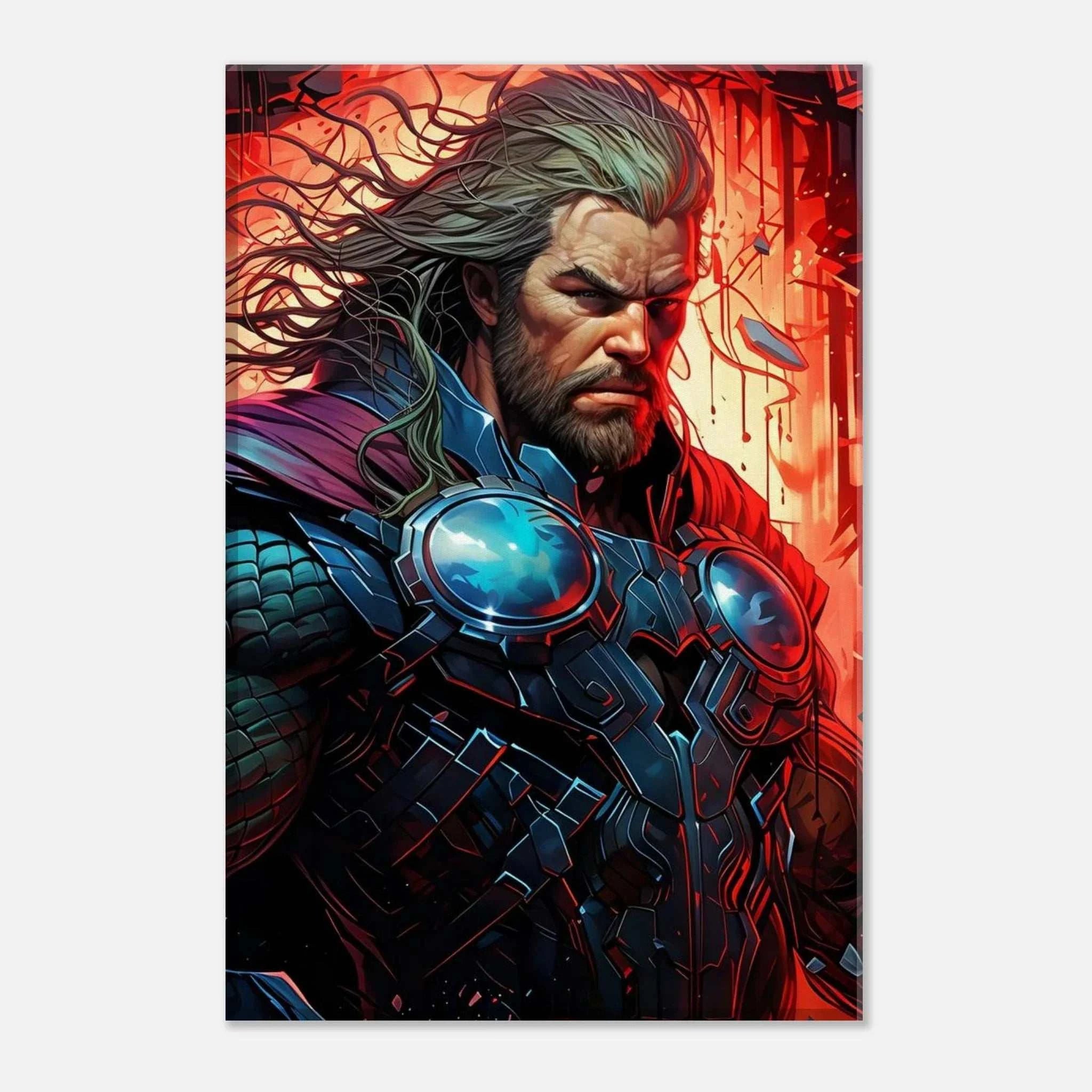 Thor Wall Canvas with striking bold imagery, featuring vibrant colors and a powerful god-like figure.