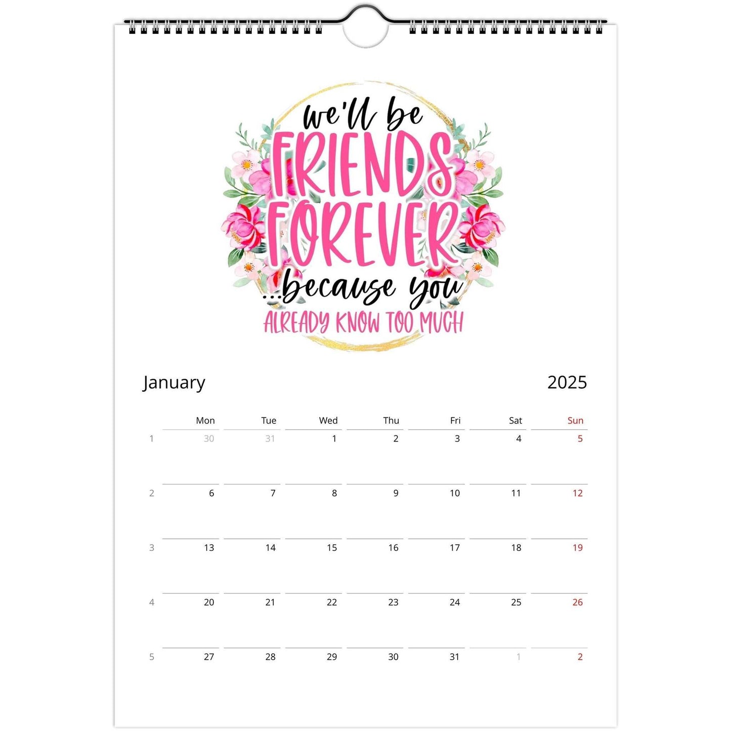 Personalised Best Friends 2025 Wall Calendar featuring fun quotes and customizable names, A4 size with high-quality paper.