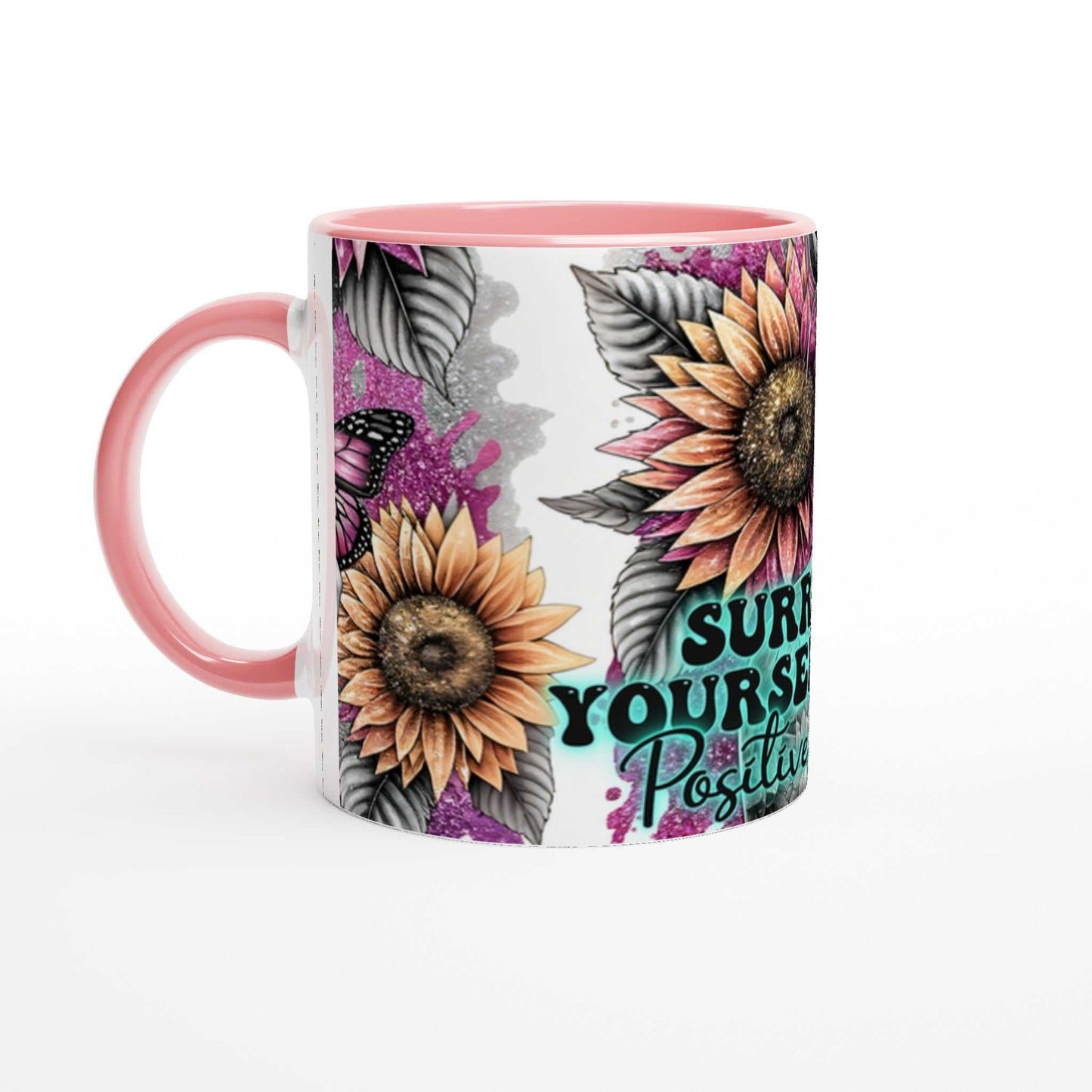 Positive Vibes – Motivational Coffee Mug with sunflower design and inspirational quote, pink rim and handle, 11oz ceramic, dishwasher and microwave safe.