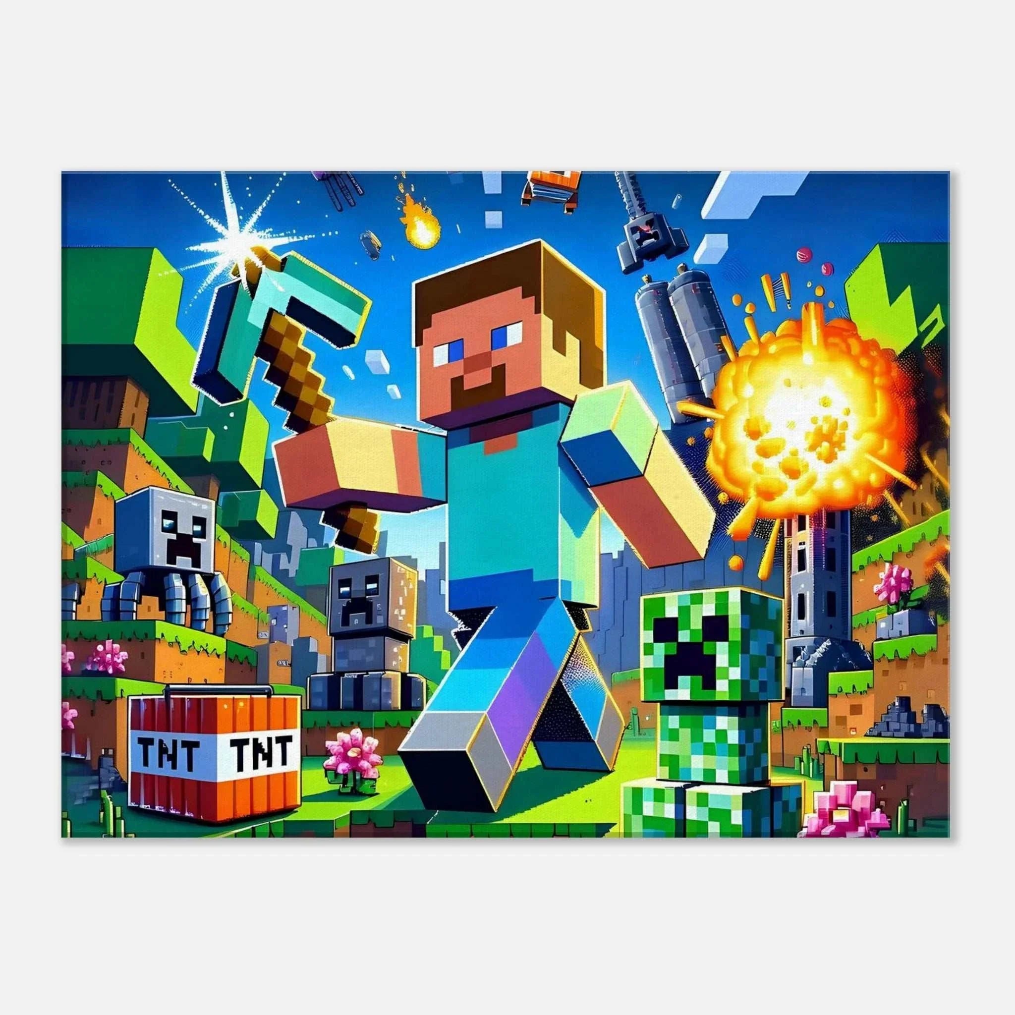 Vibrant Minecraft wall canvas depicting a pixelated adventure scene.
