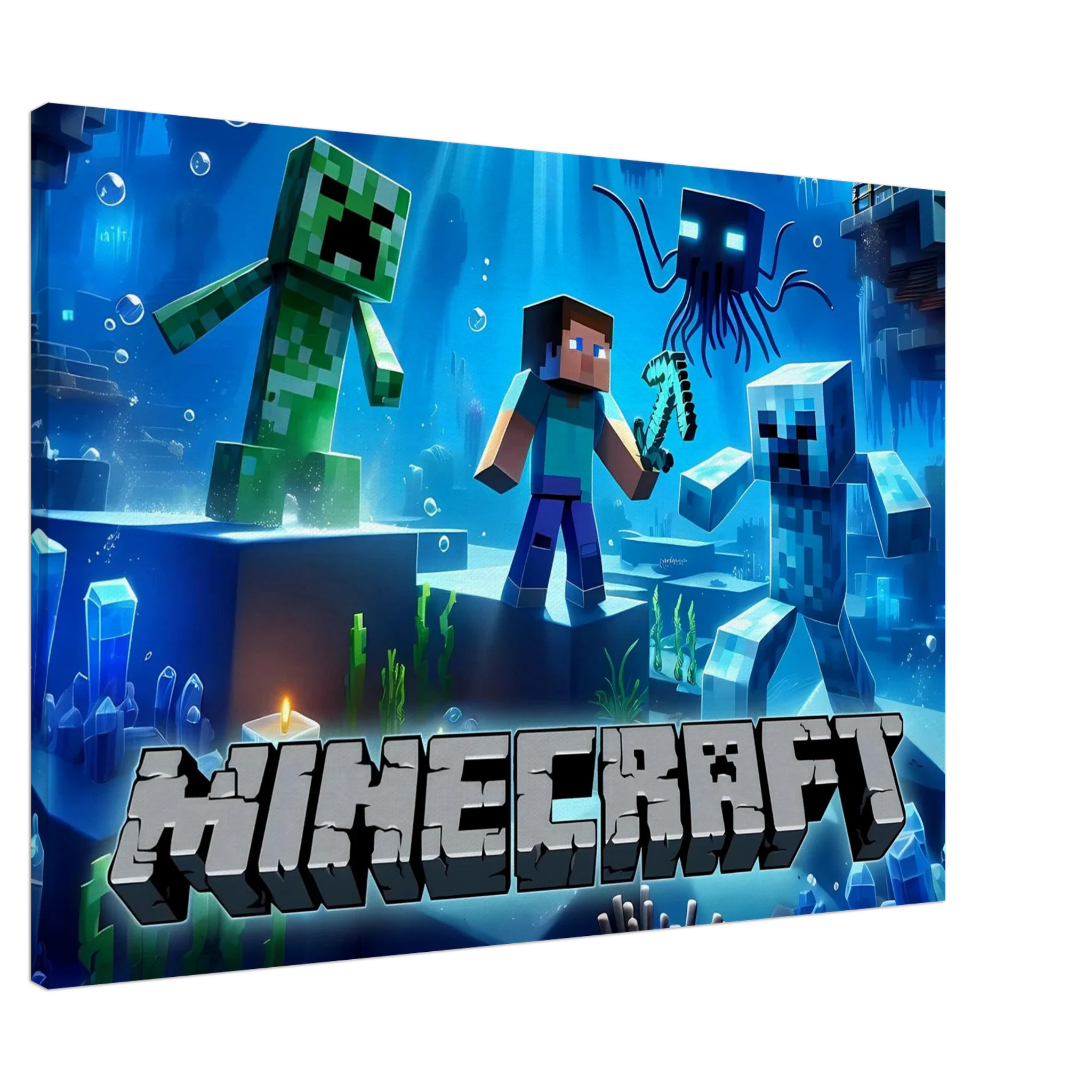 Minecraft Wall Canvas featuring vibrant pixelated scenes, ideal for fans, available in multiple sizes.