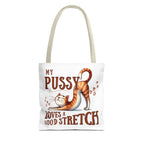 Fun stretching cat tote bag with cheeky design and colorful handles