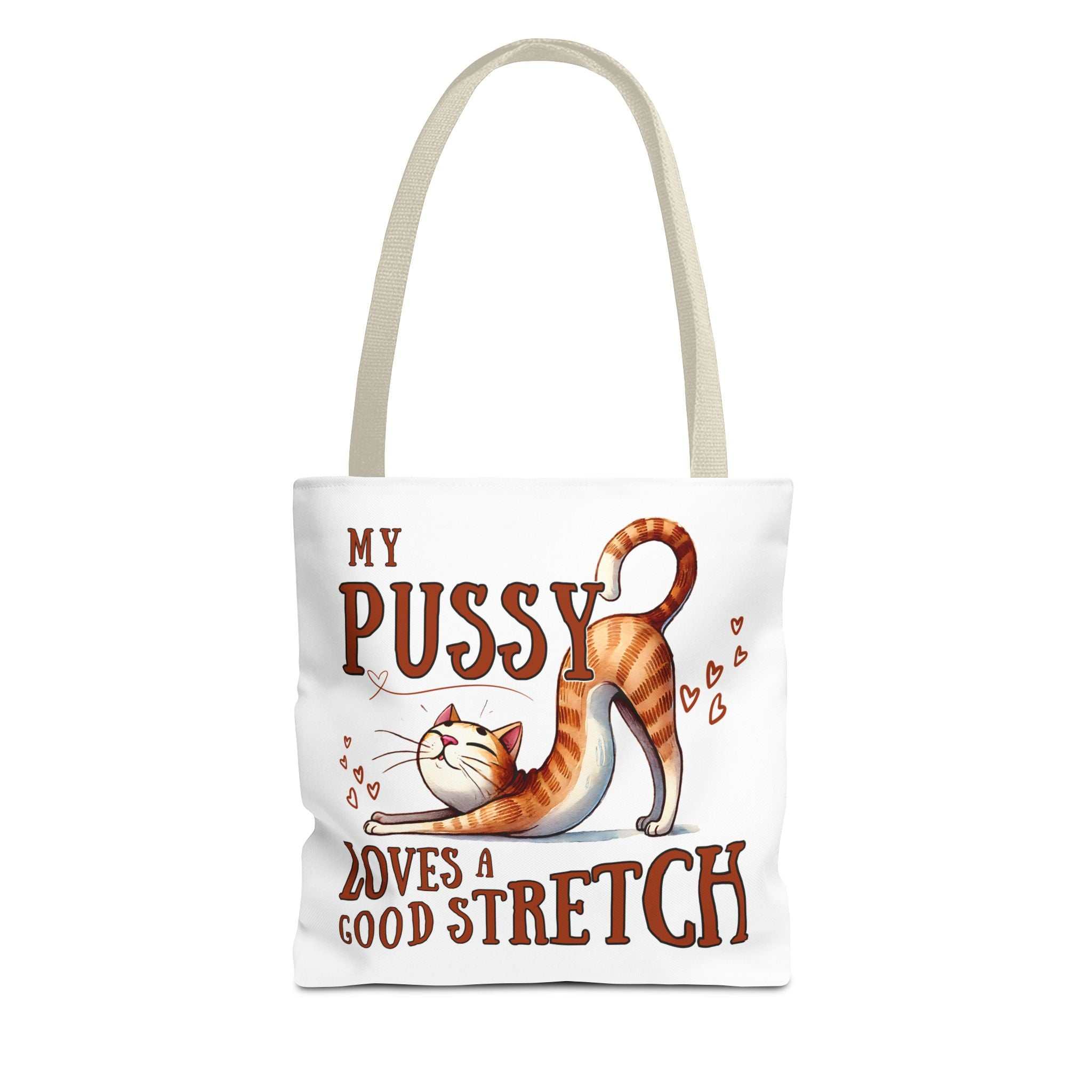 Fun stretching cat tote bag with cheeky design and colorful handles