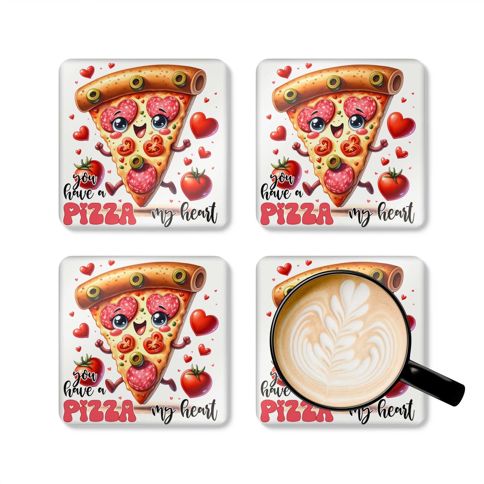 Pizza My Heart Coaster Set with pizza slice design and coffee cup on coaster.