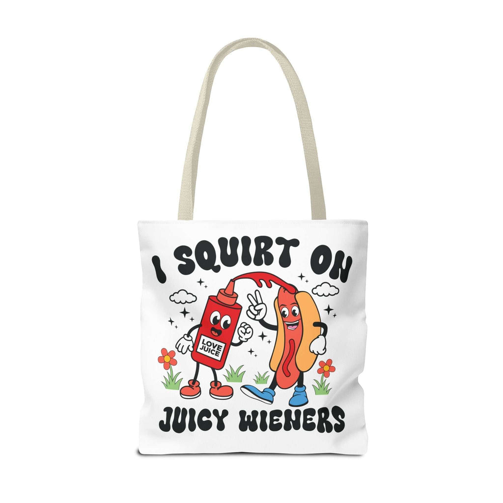I Squirt On Juicy Wieners Fun Tote Bag with cheeky hot dog design and cotton straps
