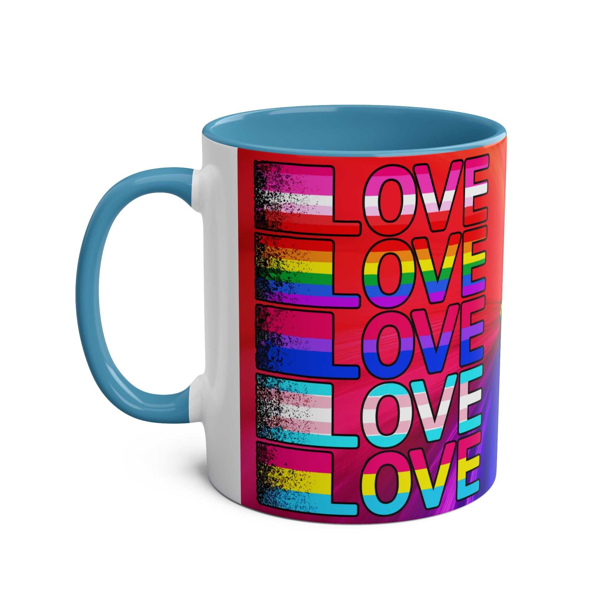 LGBTQ+ Pride mug with vibrant rainbow design, ceramic, 11oz, glossy finish.