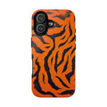 Orange tiger print iPhone MagSafe phone case with dual layer protection and shock-absorbing TPU lining