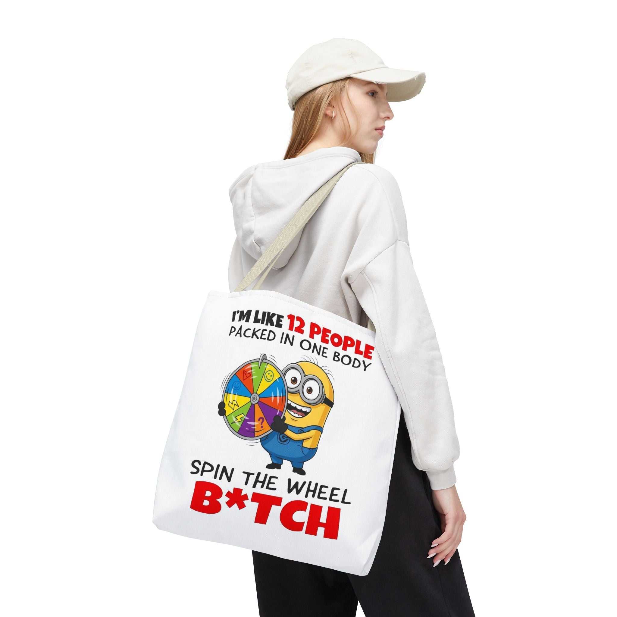 Funny Minion tote bag with cheeky design and colorful handles in three sizes