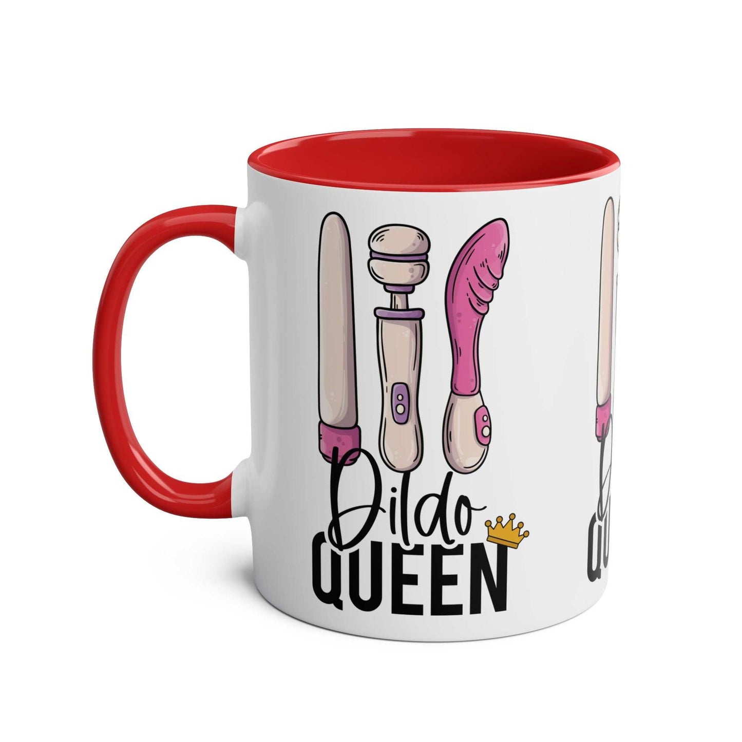 Dildo Queen Coffee Mug with playful graphic design, 11oz ceramic, red interior handle, glossy finish.