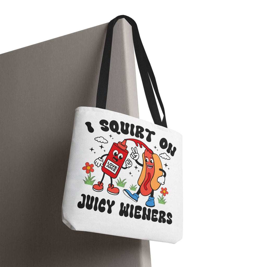 I Squirt On Juicy Wieners Fun Tote Bag with cheeky hot dog print and cotton straps