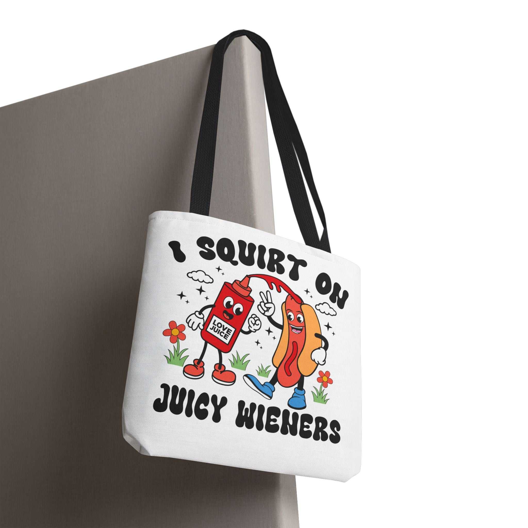 I Squirt On Juicy Wieners Fun Tote Bag with cheeky hot dog print and cotton straps