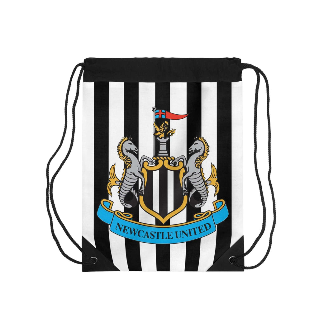 Newcastle Utd drawstring bag with black and white stripes and club crest, lightweight polyester sports and gym bag