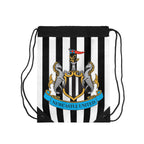 Newcastle Utd drawstring bag with black and white stripes and club crest, lightweight polyester sports and gym bag