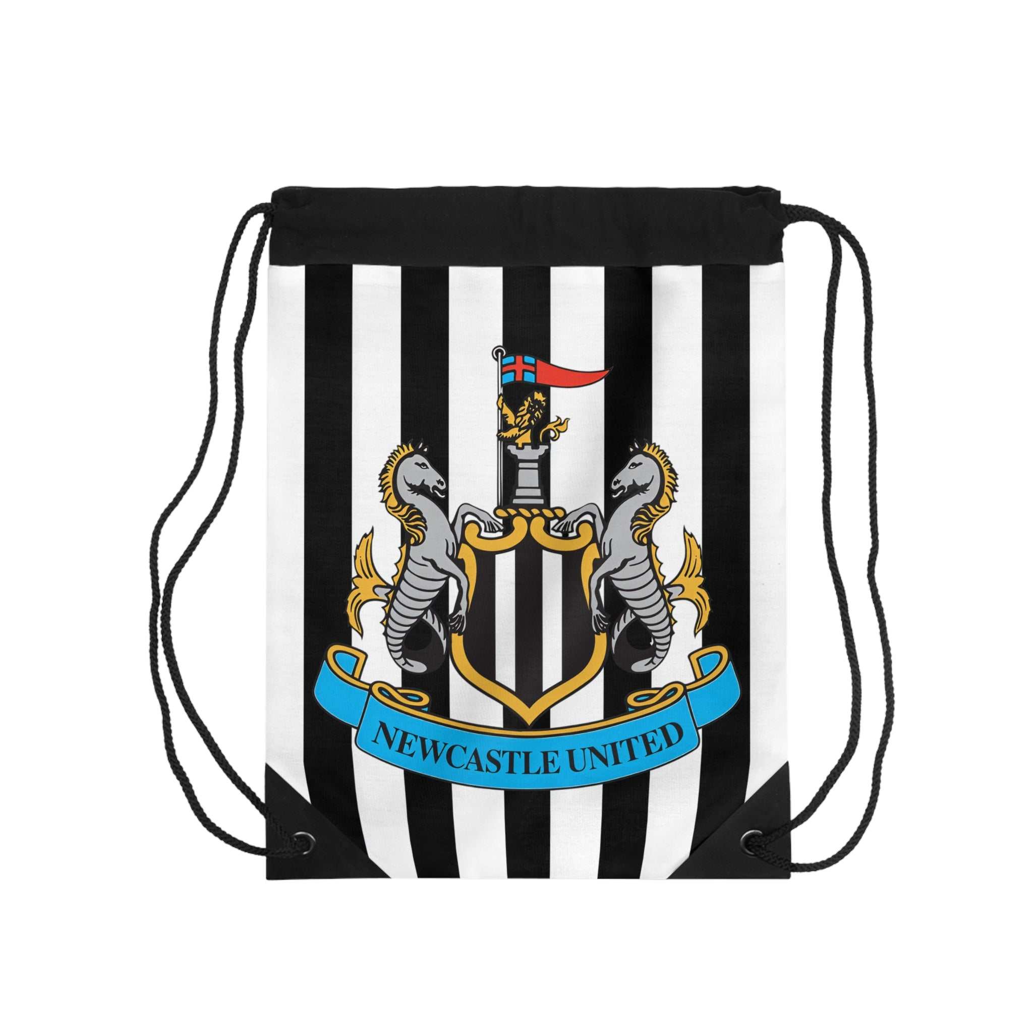 Newcastle Utd drawstring bag with black and white stripes and club crest, lightweight polyester sports and gym bag