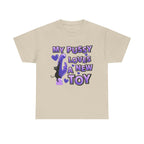 Black My Pussy Loves a New Toy T-Shirt with bold text, perfect for playful and cheeky occasions