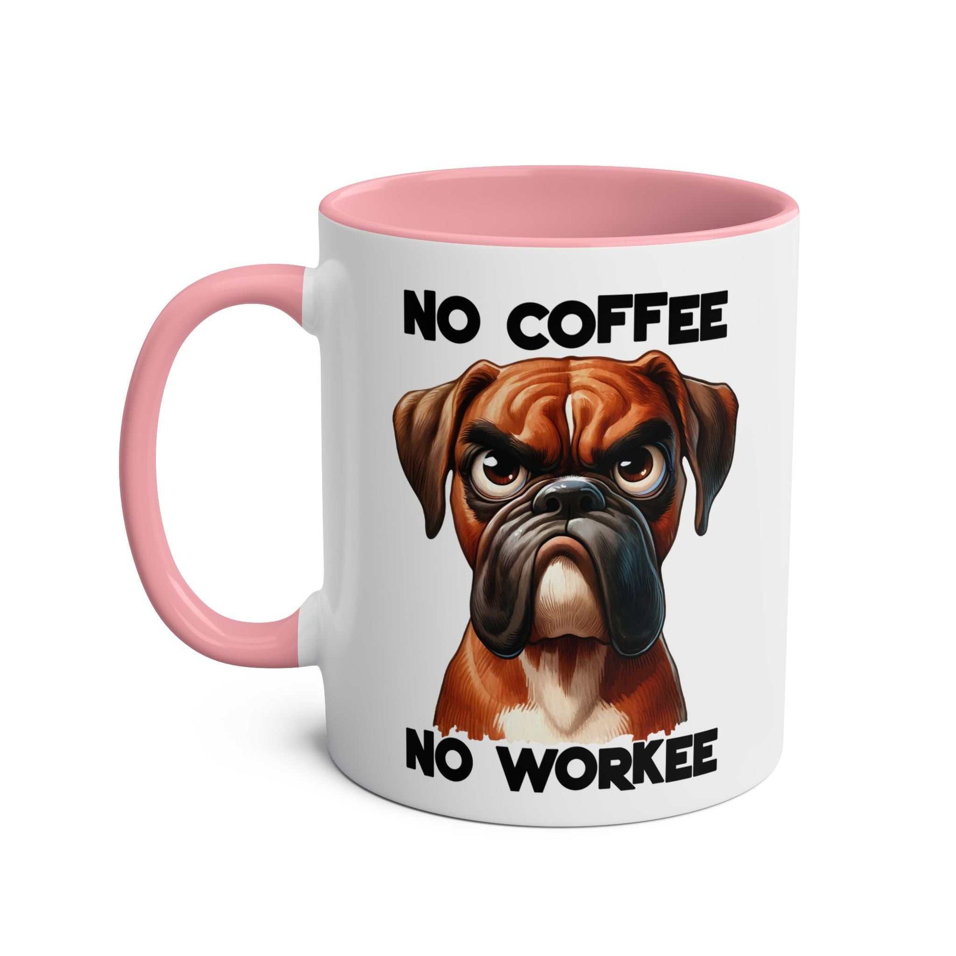 No Coffee No Workee Mug with sarky dog design, pink handle, ceramic, glossy finish.