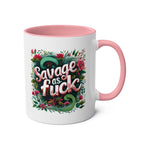 Savage As Fuck Coffee Mug with cheeky floral design, pink interior, and handle.