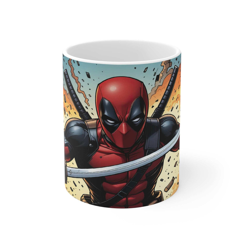 Deadpool themed superhero ceramic mug with glossy finish, printed design, microwave and dishwasher safe, 11oz capacity.