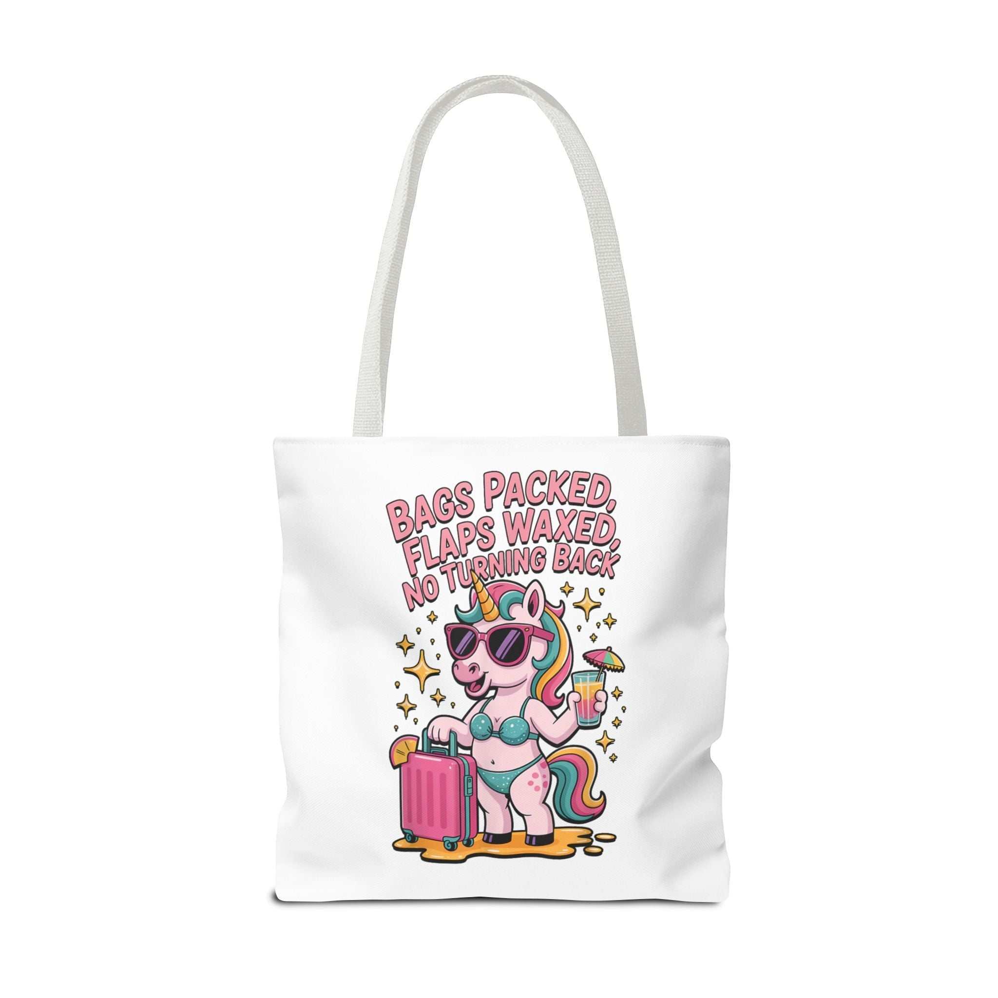 Fun unicorn travel tote bag with cheeky design, durable spun polyester, multiple sizes and handle colors