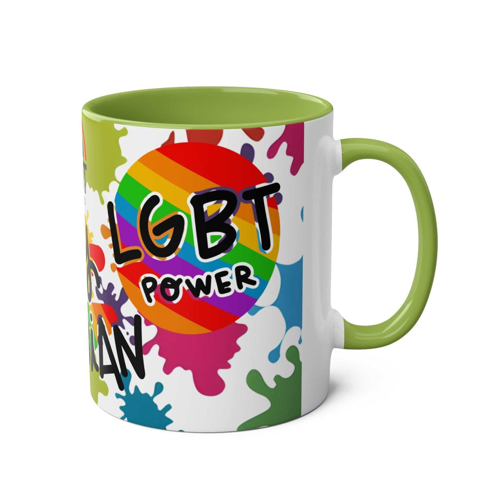 LGBTQ+ Pride Mug with rainbow design and green handle, 11oz ceramic, dishwasher and microwave safe.