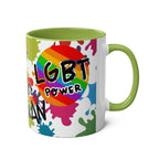LGBTQ+ Pride Mug with rainbow design and green handle, 11oz ceramic, dishwasher and microwave safe.