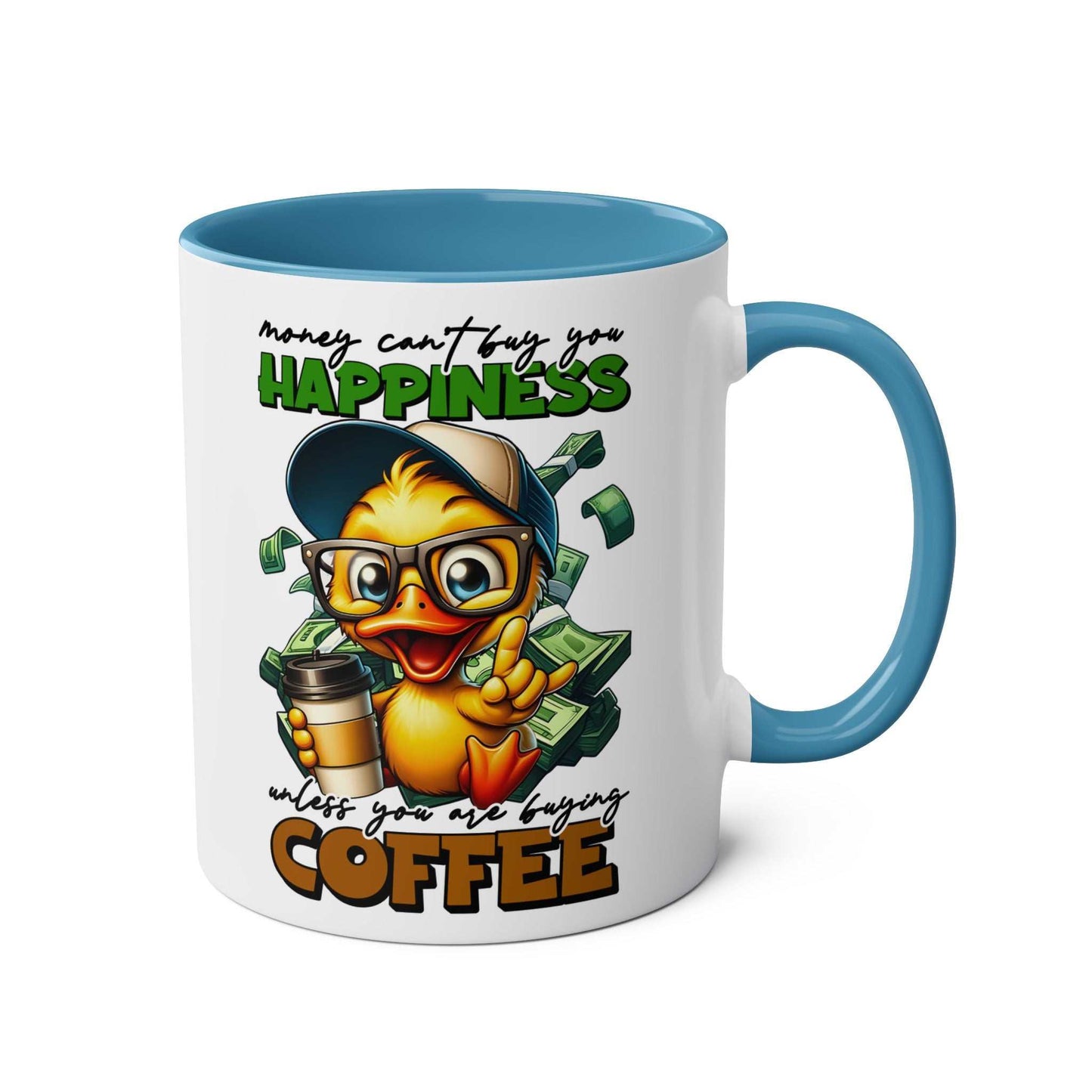 Duck illustration on a Happiness Coffee Mug with a glossy finish.