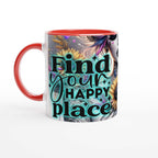 Happy Place motivational coffee mug with vibrant design and inspirational quote.