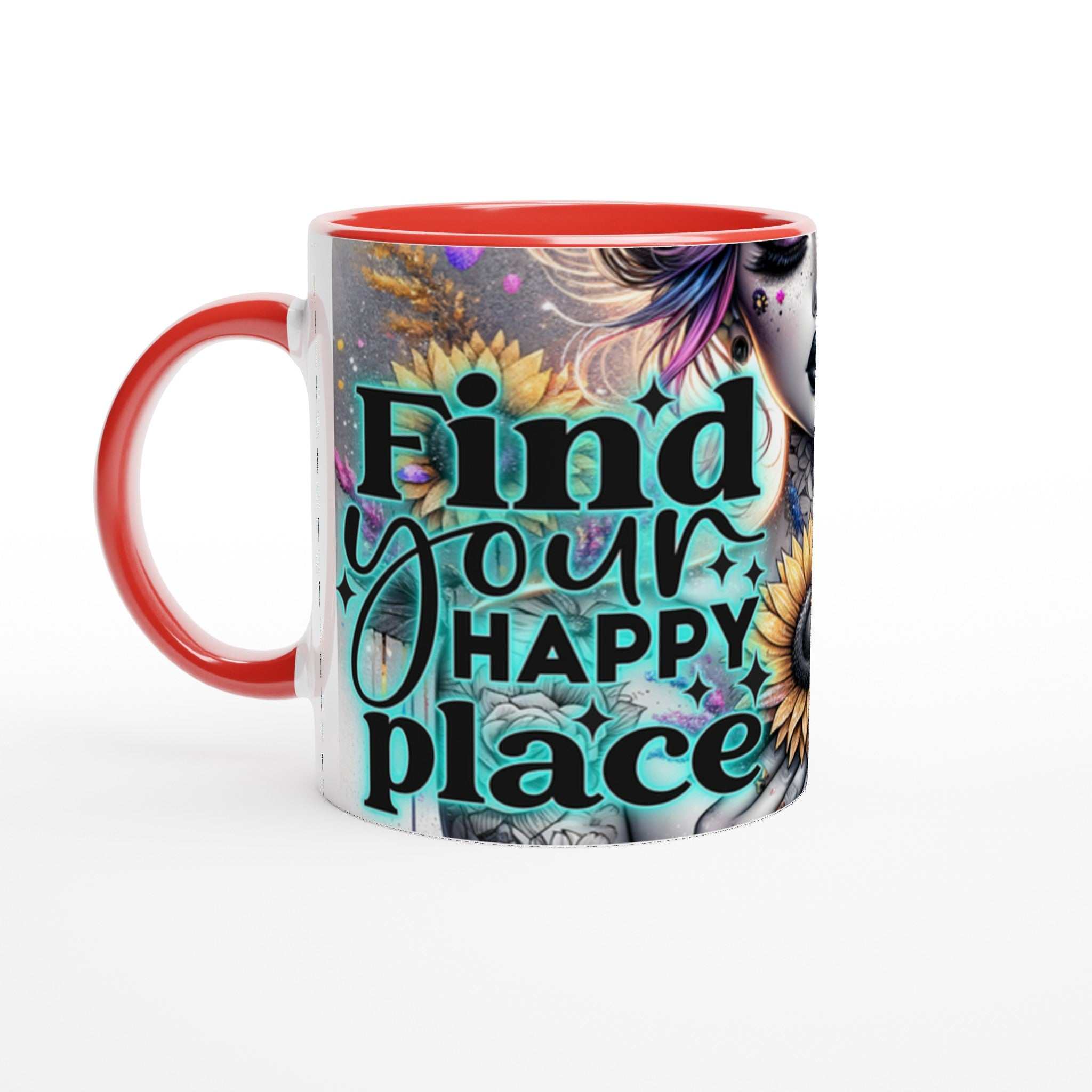 Happy Place motivational coffee mug with vibrant design and inspirational quote.