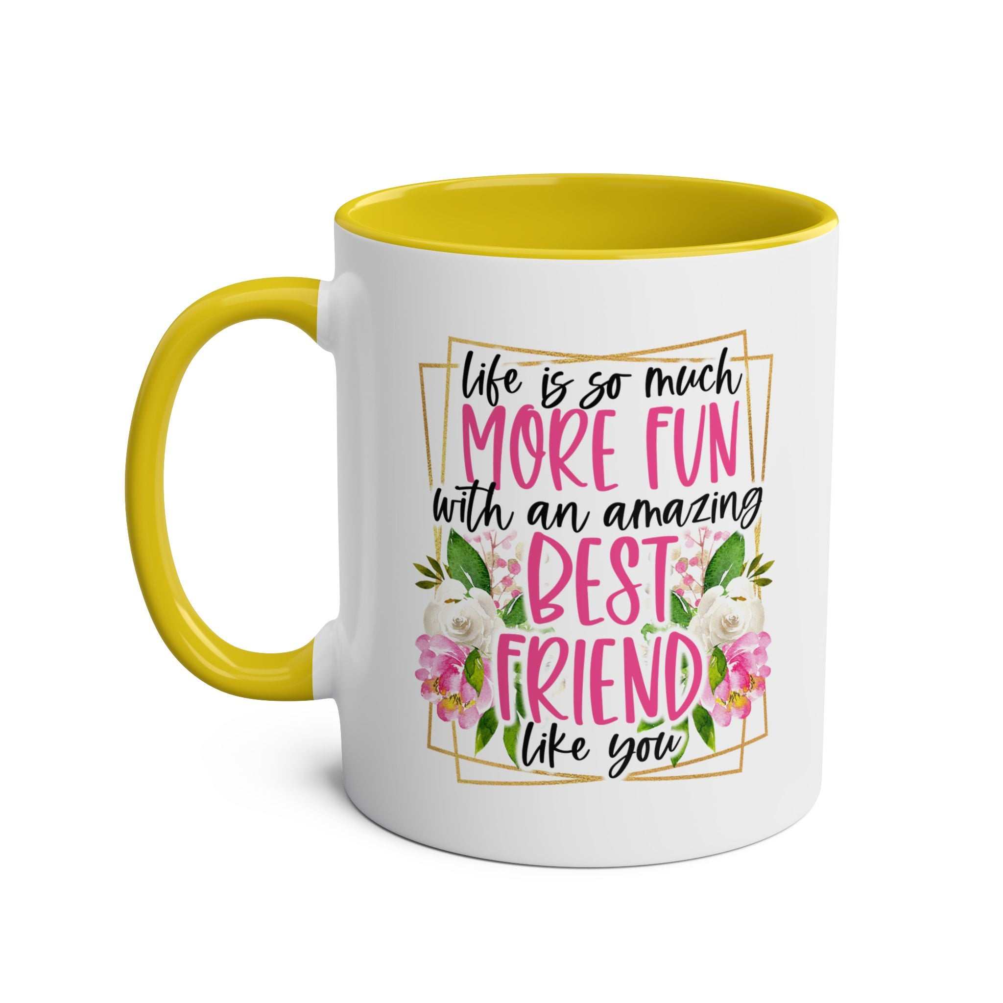 Amazing Friend Coffee Mug with fun design and floral accents, yellow interior, 11oz ceramic.