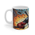 White ceramic mug featuring a vibrant Deadpool superhero graphic with explosion background, microwave and dishwasher safe