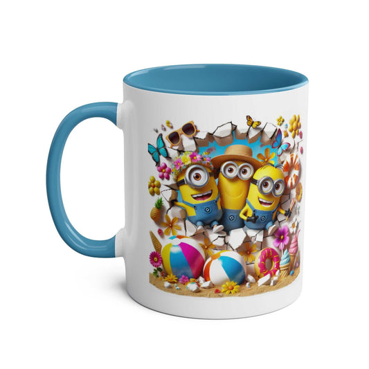 Minion Beach Themed Coffee Mug with playful Minions, sun, and surf design.