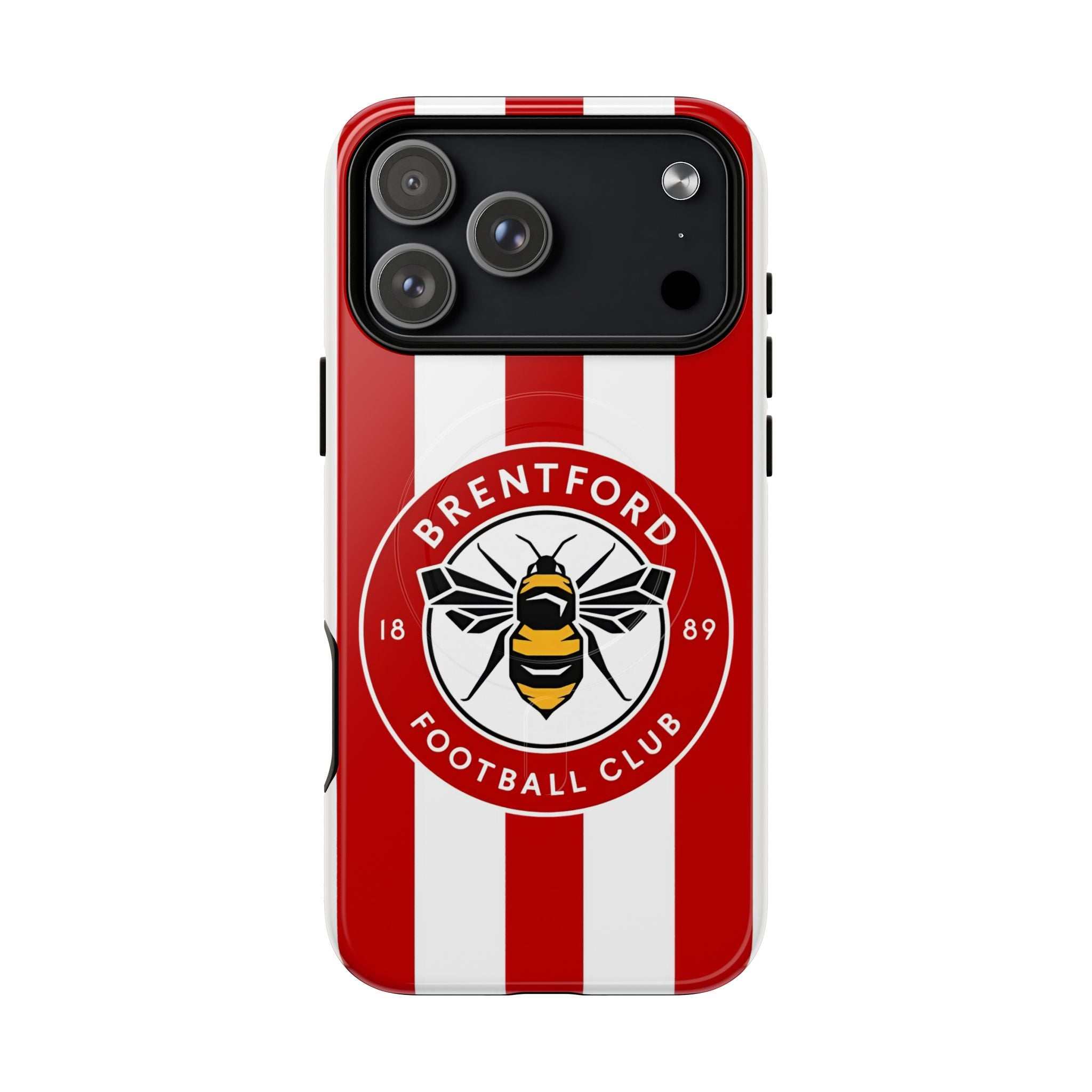 Brentford FC MagSafe iPhone case with red and white stripes and club crest, dual-layer protection, and MagSafe compatibility.