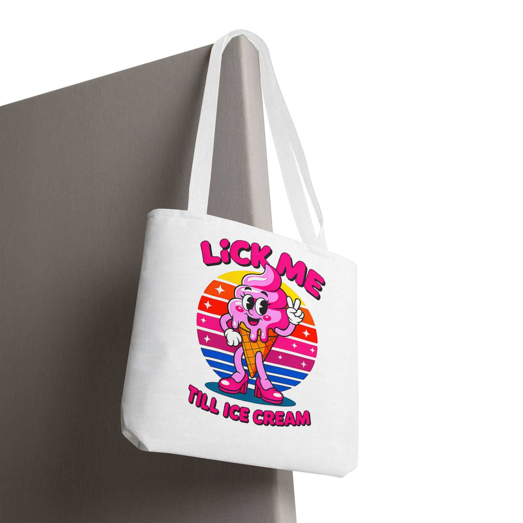 Cheeky Lick Me Till Ice Cream Tote Bag with playful design and colorful handles, available in three sizes